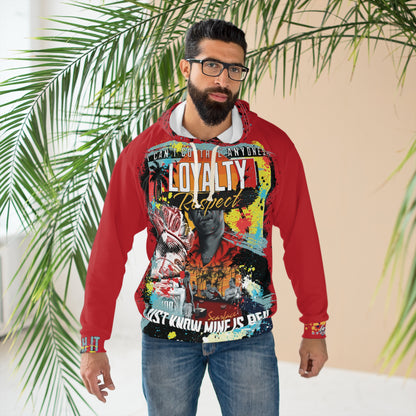 Man wearing a colorful hoodie with text and graphics